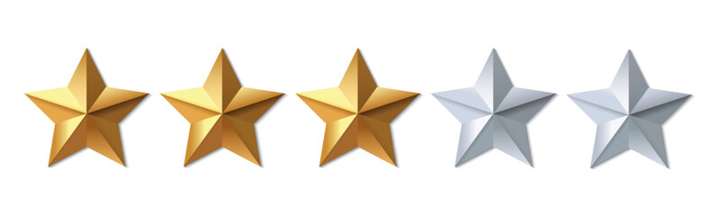 Obraz premium 3D Realistic Golden and Silver Star Rating Icons – Customer Review Visual, 5-Star Feedback System Vector Illustration