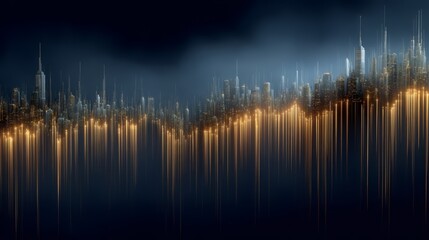 Obraz premium Cityscape with a dark blue sky and orange streaks running through it. The streaks are the light from the city, creating a sense of movement and energy. The buildings are tall and spread out