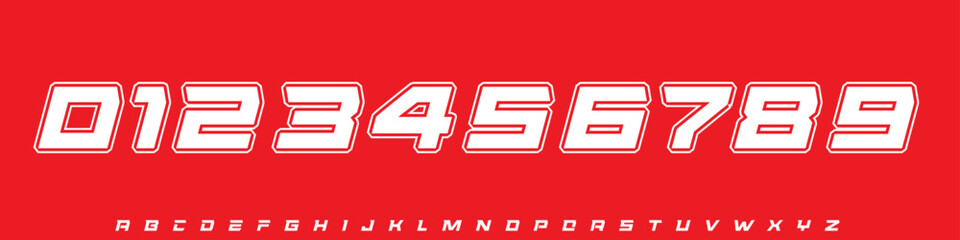 Slanted numeric font, outlined racing letters, speed-force structure for jersey score design, bold motion, drift tournament vibe, fast esport digits. Vector typeset