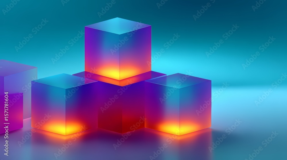 Poster stack of colorful cubes on a blue background. the cubes are illuminated and appear to be glowing. co