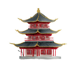 PNG watercolor illustration of traditional red Chinese pagoda with gold accents, transparent background