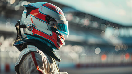 Fototapeta premium Racing driver formula 1 world champion competition wearing helmet grand prix. Motor racing, racecar racing suit. Racing circuit victorious celebration. Racer helmet motorsport vintage race track