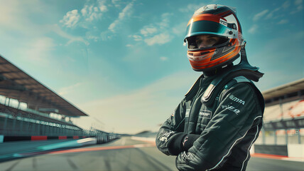 Fototapeta premium Racing driver formula 1 world champion competition wearing helmet grand prix. Motor racing, racecar racing suit. Racing circuit victorious celebration. Racer helmet motorsport vintage race track