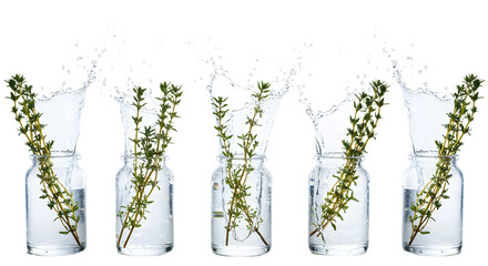 Fresh herbs splashing in water-filled jars, showcasing vibrant greenery and dynamic movement against a clean backdrop
