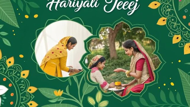 Happy Hariyali Teej greeting with traditional thali and floral decoration on green background. High quality 4k footage