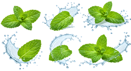 Fresh mint leaves splashing in water, creating a refreshing and vibrant scene, ideal for culinary or health-related content