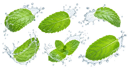 Fresh mint leaves splashing in water, showcasing their vibrant green color, ideal for culinary and beverage use