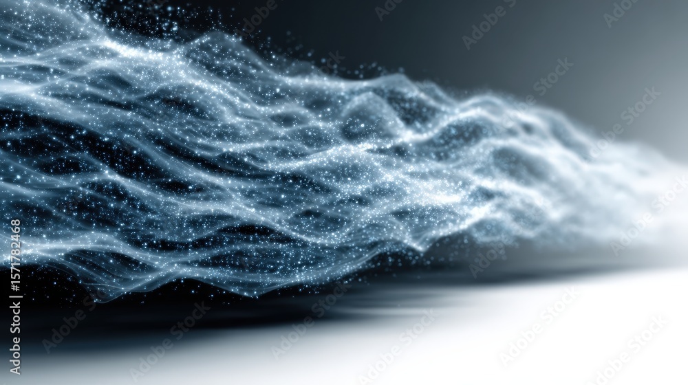 Poster digital sparkling wave forms a flowing pattern on a smooth surface and fades into the light