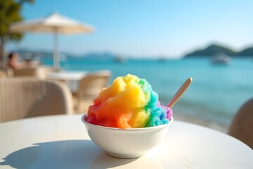 Colorful rainbow shaved ice in a white cup at seaside café table with ocean view and summer sky