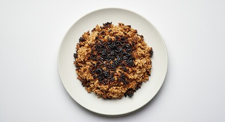 Deliciously Golden Brown Rice Topped with Dark Black Grains Served on a White Plate Isolated on White Background