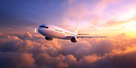 Obraz premium A commercial airplane flying above beautiful clouds during sunset or sunrise. Perfect for themes of travel, aviation, adventure, and global connection
