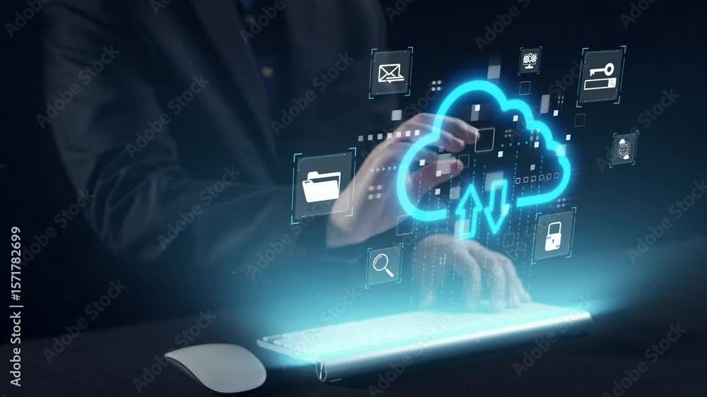 Poster a professional person is typing on a modern keyboard while a digital security shield floats above, r