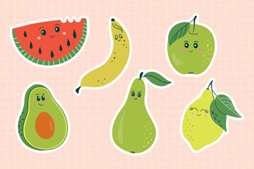 Set of funny emotional fruits including avocado, watermelon, pear, banana, apple, lemon. Stickers with cute characters. Hand drawn flat design vector illustrations.