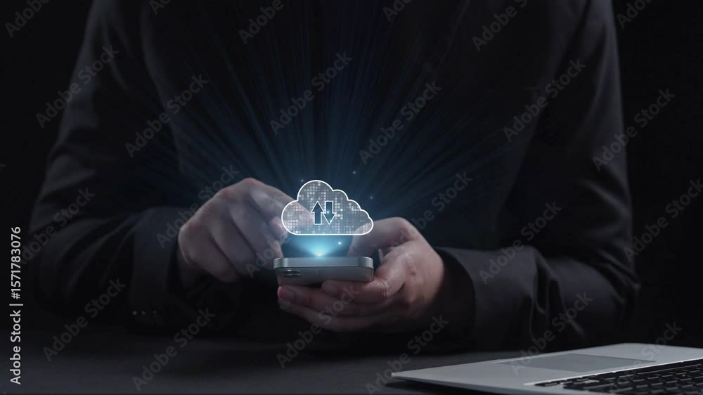 Poster a person using a smartphone with cloud storage icons depicting upload and download actions. the imag
