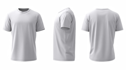 Three views of a white t shirt showcasing front side and back isolated on black