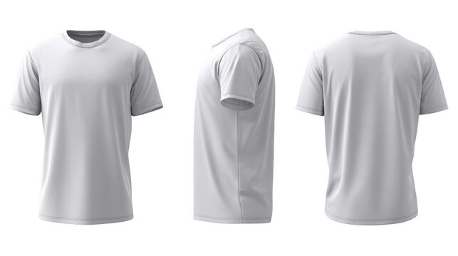 Three views of a white t shirt showcasing front side and back isolated on black