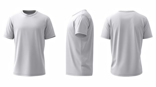 Three views of a white t shirt showcasing front side and back isolated on black