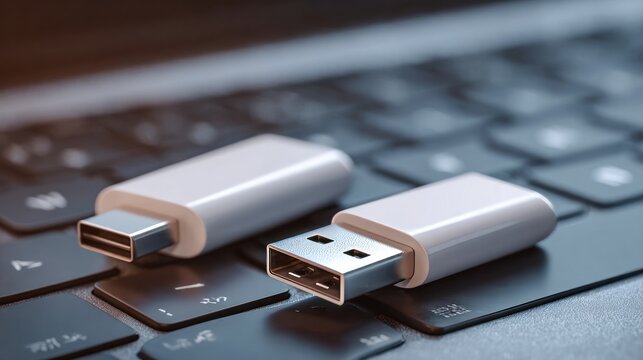 Modern usb flash drives on laptop, closeup