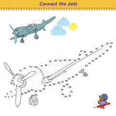 Connect the dots from 1 to 70 and draw the airplane. Trace the line between numbers. Coloring book. Develop counting skills. Logic puzzle game for children. Educational page. Vector image.