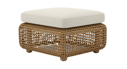 Stylish rattan ottoman with a soft cushion, perfect for home decor, set against a minimalist living room backdrop