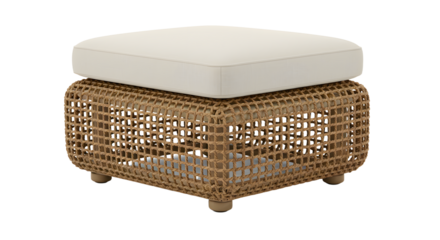 Stylish rattan ottoman with a soft cushion, perfect for home decor, set against a minimalist living room backdrop
