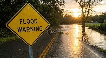 Flood Warning Sign on Road During Sunset With Overflowing Water and Trees