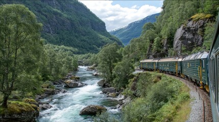 Scenic train journey through a mountain valley
