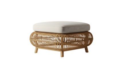 Stylish rattan ottoman with soft cushion, perfect for home decor, situated against a minimalistic background