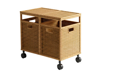 Stylish wooden cart with two woven baskets on wheels, ideal for storage and organization in modern home interiors