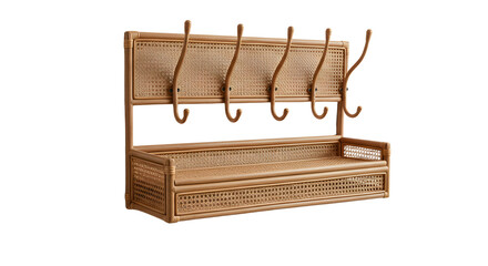 Stylish wooden coat rack with four hooks and a bench, perfect for entryways, showcasing natural materials in a cozy home setting
