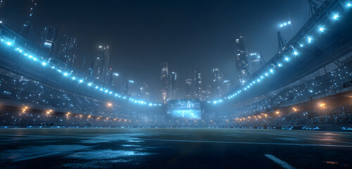 Futuristic sport arena with glowing led stadium lights. Large screen jumbotron stands, potential events. Modern city skyline, urban atmosphere. Neon glow, intense, mysterious, night view. Perfect for