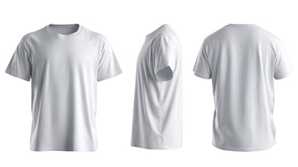 Three views of a plain white t shirt on a black background front side and back