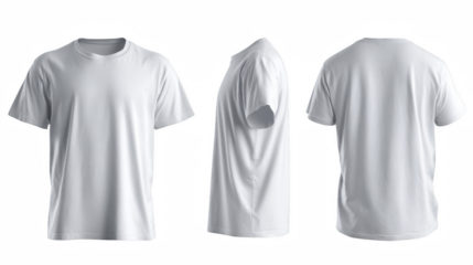 Three views of a plain white t shirt on a black background front side and back