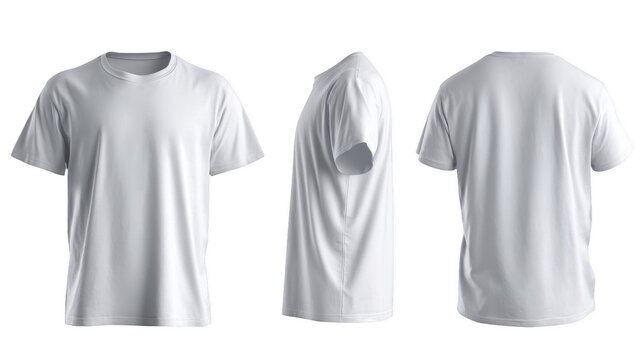 Three views of a plain white t shirt on a black background front side and back
