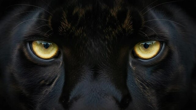 Close-up of a black panther's eyes staring at the camera