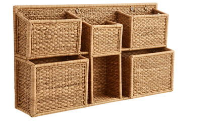 Stylish woven wall organizer with multiple compartments, ideal for home decor and storage solutions in a cozy living space
