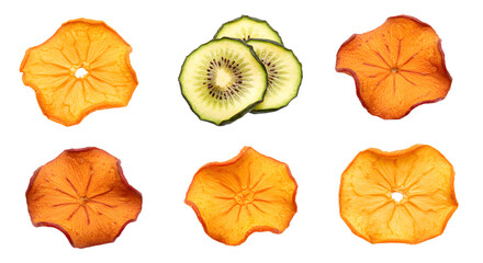 Vibrant arrangement of sliced persimmons and kiwis showcasing their textures and colors against a clean background