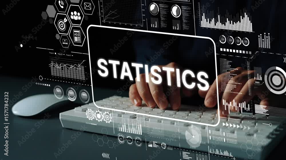 Aufkleber Hands Typing on Keyboard with Overlapping Digital Statistics and Data Visualizations in Modern Technology Concept. Asymptotic smart data analytic.