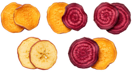 Vibrant assortment of dried vegetable slices showcasing colorful textures, ideal for healthy snacks and culinary decoration