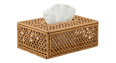 Woven wicker tissue box with a white tissue protruding, set against a plain background, ideal for home decor or office use