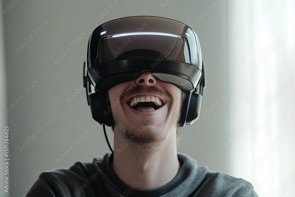 Poster man enjoys virtual reality experience while wearing advanced vr helmet indoors