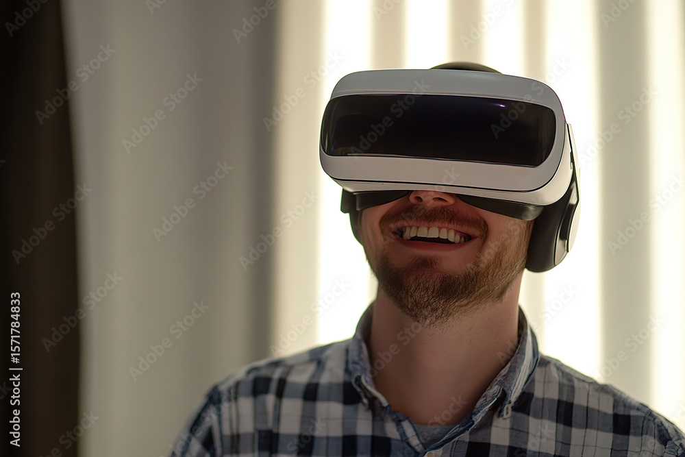 Poster man enjoys immersive experience with advanced vr helmet in modern setting