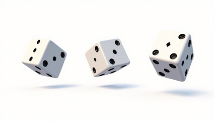 3D white dice with black dots, three floating cubes, cartoon illustration, isolated on transparent background