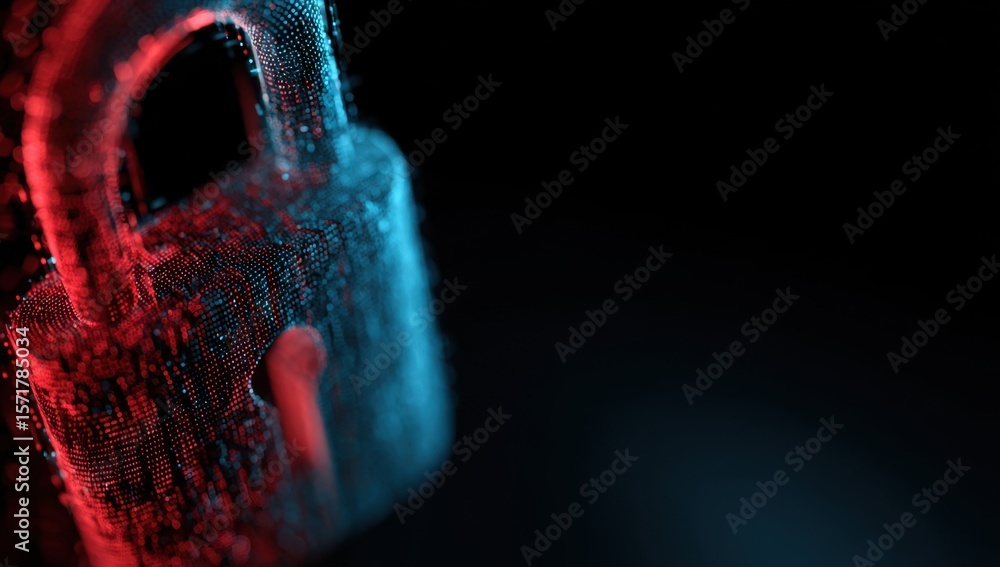 Poster 3d rendering of a cybersecurity concept with a padlock icon glowing in red and blue light on a dark 