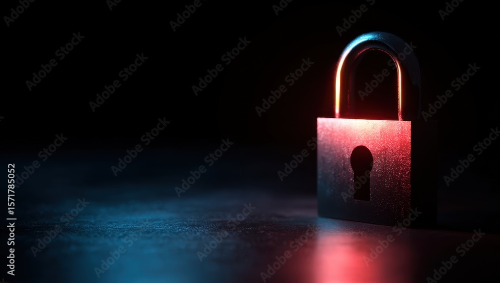 Poster 3d rendering of a cybersecurity concept with a padlock icon glowing in red and blue light on a dark 