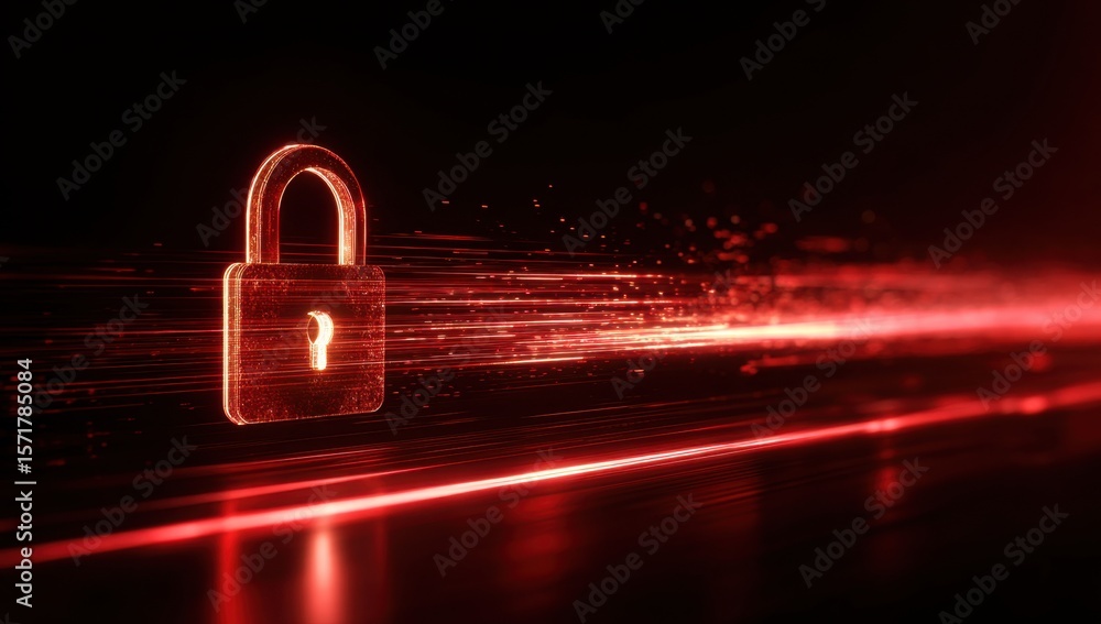 Poster digital security concept with a padlock and data flow in motion on a dark background, with a red lig