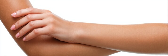 Fototapeta premium Closeup of Young Woman's Left Arm Emphasizing Beauty and Care Against Clean White Background