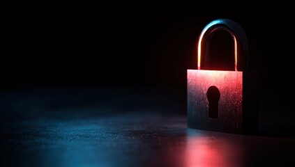 3D rendering of a cybersecurity concept with a padlock icon glowing in red and blue light on a dark background, a symbol of data protection or network safety technology Generative AI