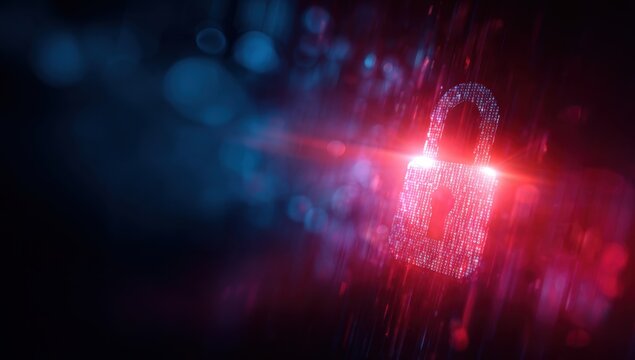 Abstract digital security concept with a glowing padlock symbol on a blurred background of a cyber network and data flow, illustration in the style of red and blue colors Generative AI