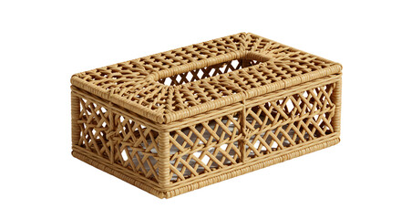 Woven wicker tissue box with intricate design, placed on a wooden table, surrounded by natural light and greenery